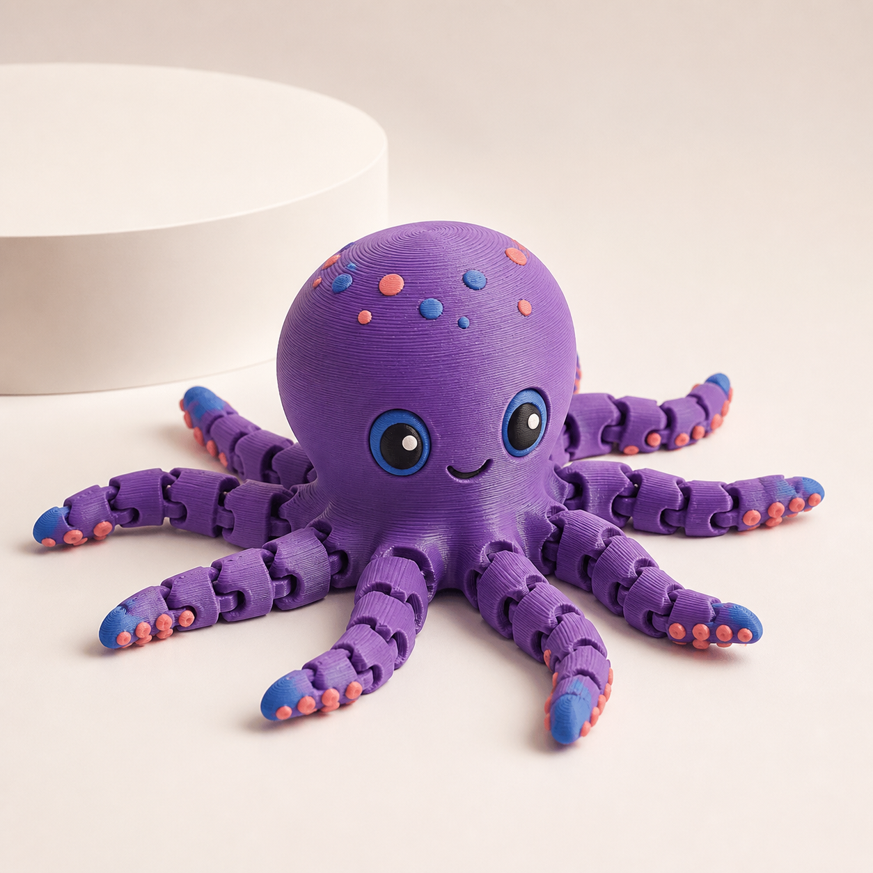 Polvo sensorial violeta impresso em 3D com oito tentáculos articulados