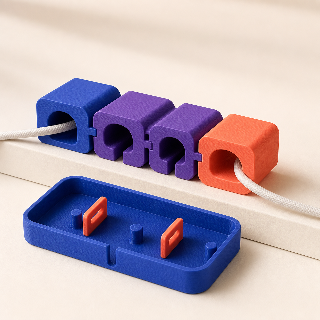Organizador modular de cabos colorido produzido com impressão 3D